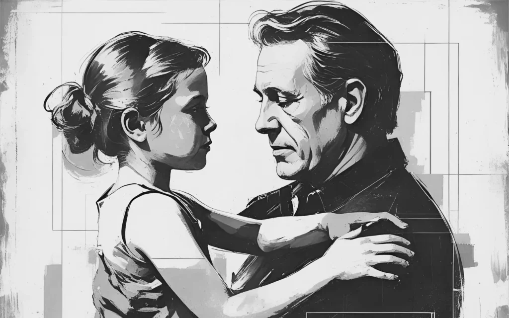 biało - czarna grafika przedstawiająca ojca trzymającego swoją córkę na rękach