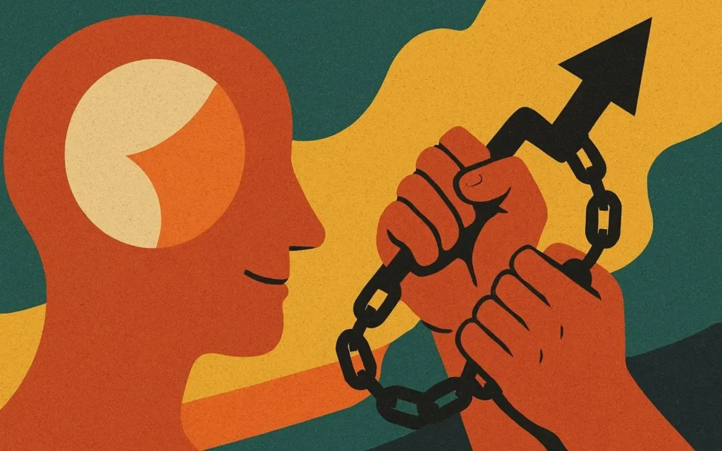ilustracja człowieka zakładającego łańcuch na głowę innego człowieka