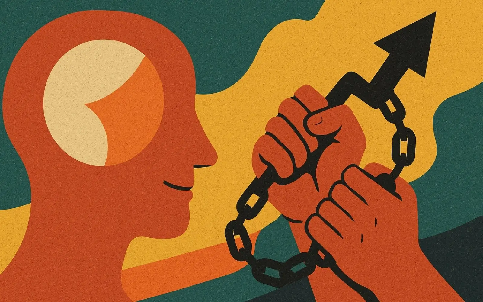ilustracja człowieka zakładającego łańcuch na głowę innego człowieka