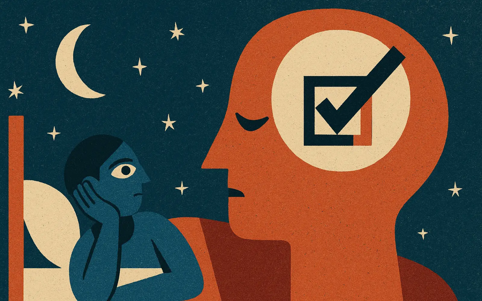 grafika przedstawiająca dwie twarze, jedna stara się zasnąć, druga - symbolizująca perfekcjonistę - rozmyśla. To bezsenność a perfekcjonizm zilustrowany