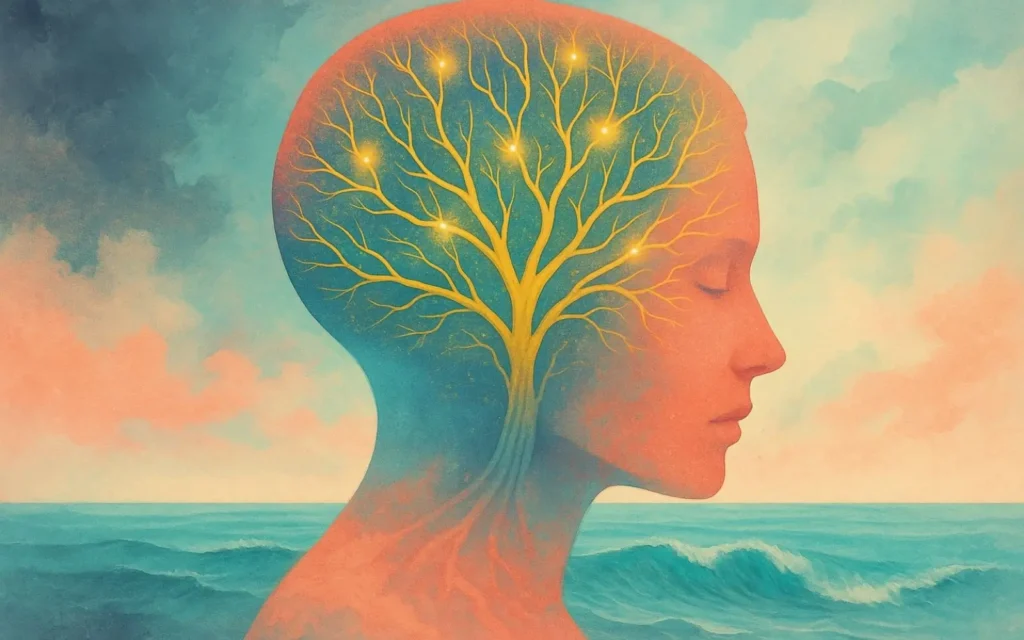 głowa z symbolicznymi neuronami w kształcie drzewa, w miejscu mózgu. W tle fale morza. Symbolizuje neuroplastyczność
