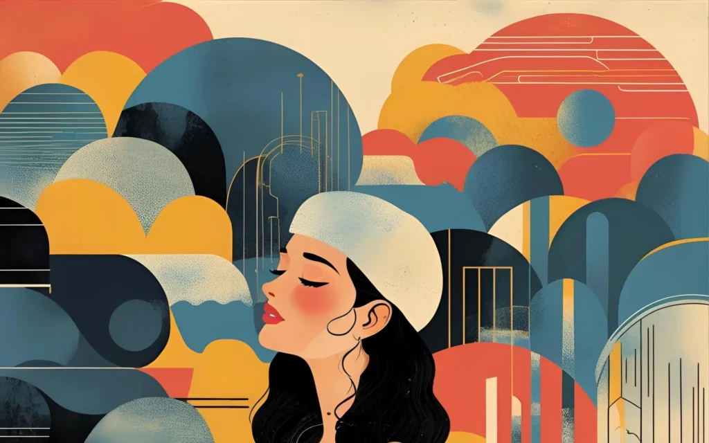 obrazek przedstawia zamyśloną kobietę na kolorowym tle, symbolizuje ADHD u kobiet