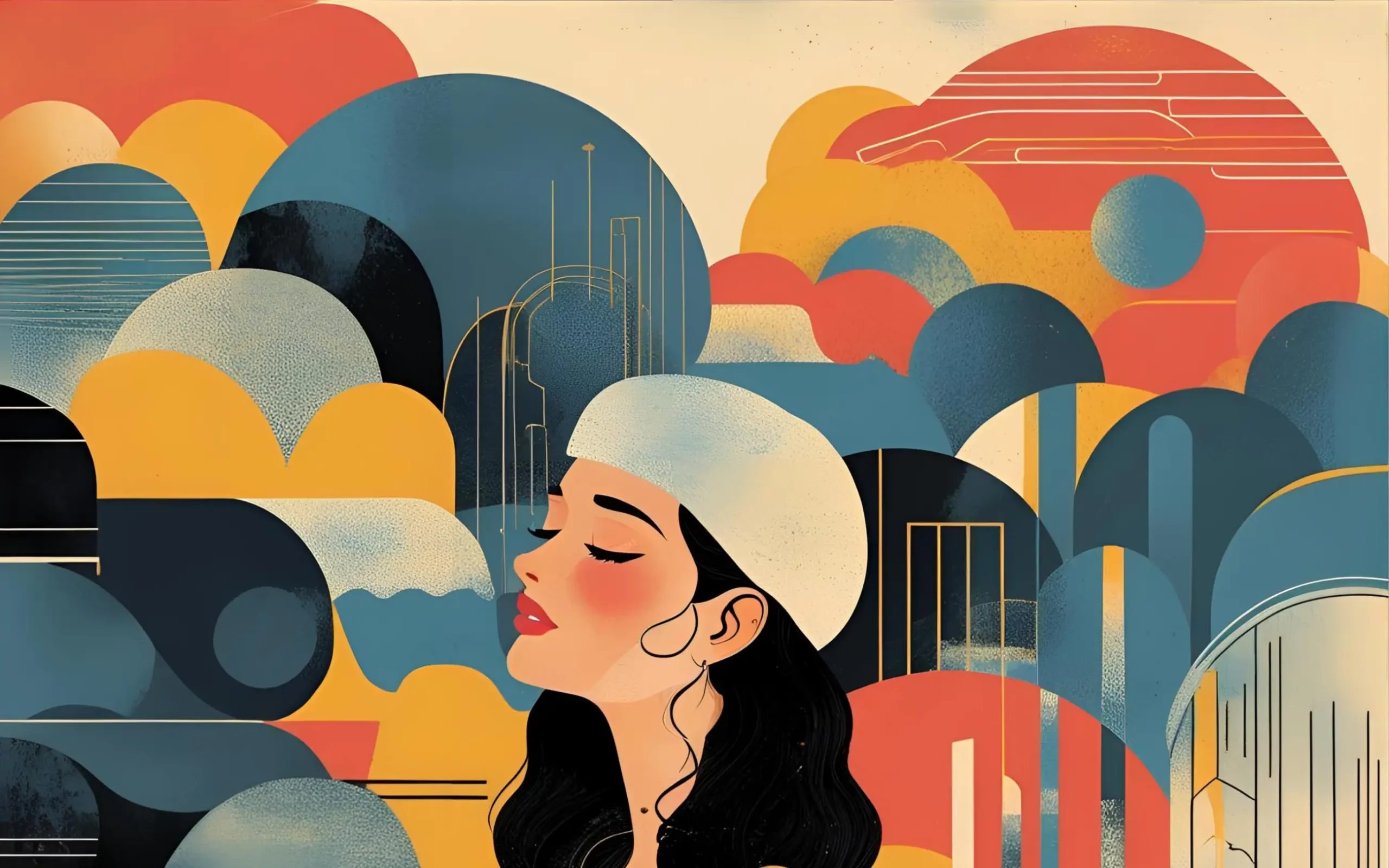 obrazek przedstawia zamyśloną kobietę na kolorowym tle, symbolizuje ADHD u kobiet