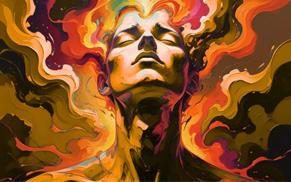 kobieta z uniesioną głową, w tle fale przypominające płomienie, symbolizujące wszechogarniające emocje