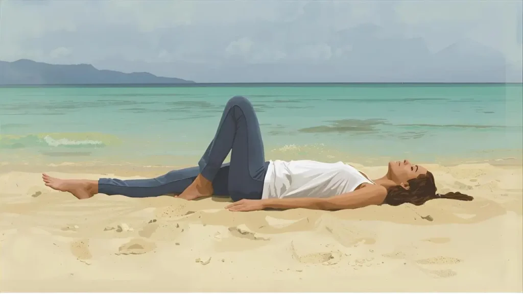 kobieta leży płasko na plaży, w ubraniach