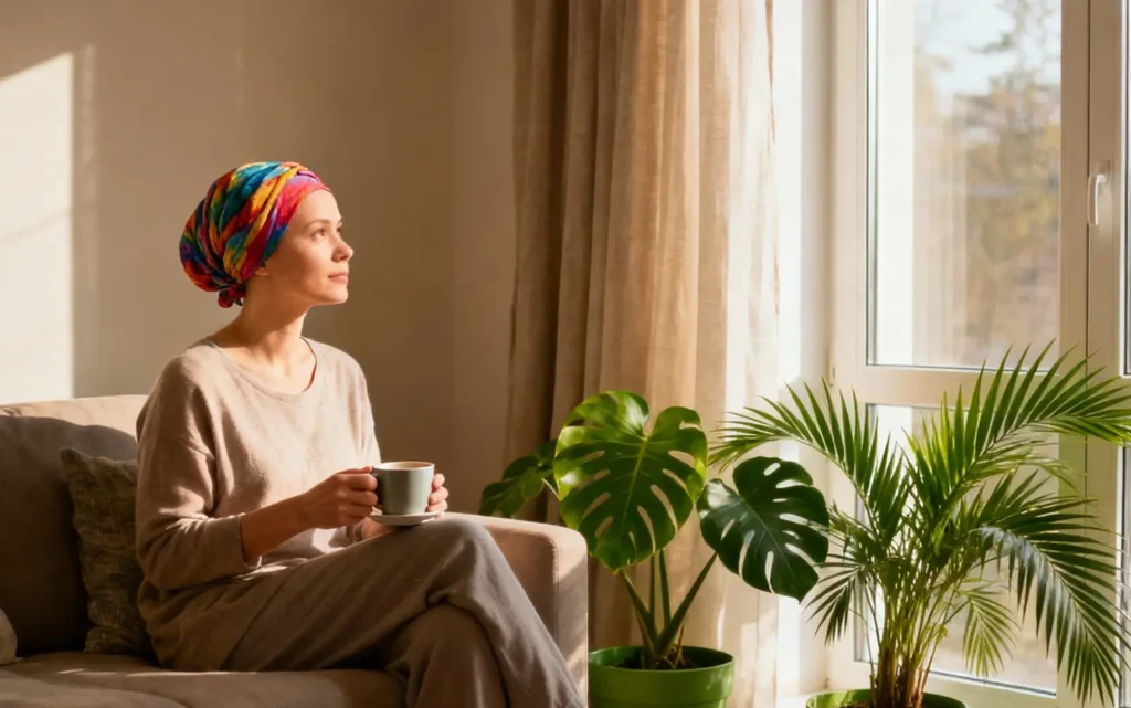 Kobieta po leczeniu onkologicznym siedzi przy oknie, trzyma kubek w dłoniach i patrzy w dal z wyrazem spokoju i refleksji - symbol nadziei po przezwyciężeniu choroby.