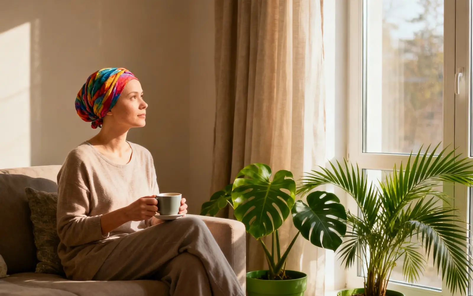Kobieta po leczeniu onkologicznym siedzi przy oknie, trzyma kubek w dłoniach i patrzy w dal z wyrazem spokoju i refleksji - symbol nadziei po przezwyciężeniu choroby.
